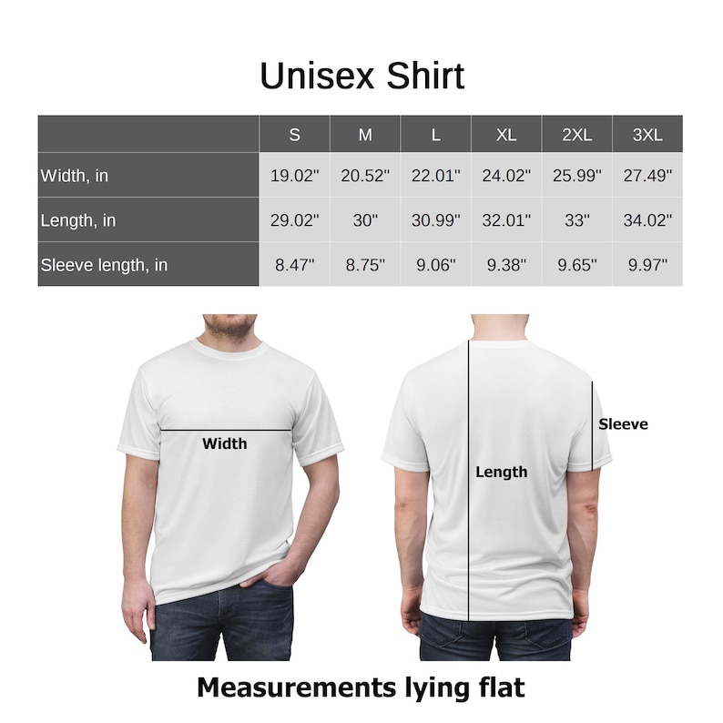 May include: Unisex t-shirt size chart showing measurements in inches for width, length, and sleeve length. Sizes range from S to 3XL.