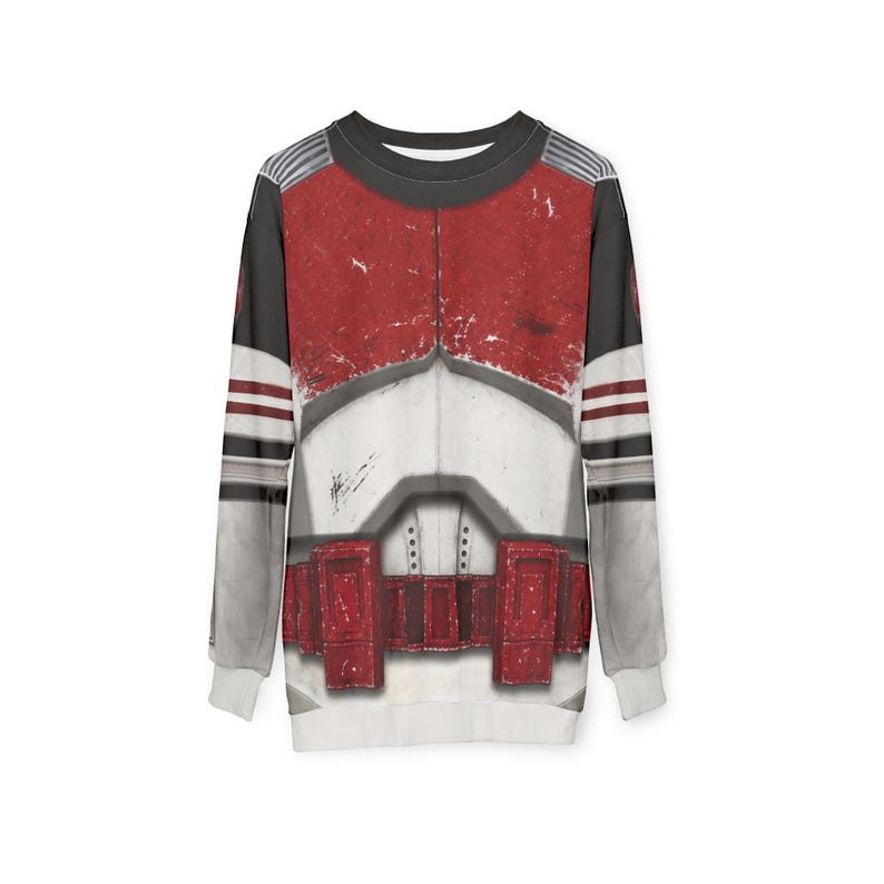 May include: A long-sleeved sweatshirt with a design that mimics a military uniform. The design features red, white, and grey panels, with red stripes on the grey sleeves. The sweatshirt has a crew neck and white cuffs. The overall style is reminiscent of a costume.