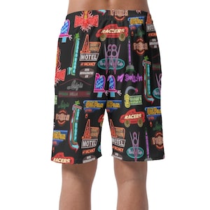 Cars Land Neon Shorts, Hawaiian Beach Shorts, Radiator Springs Racers, Lightning McQueen, Summer Easy Shorts, Elastic Waistband Shorts