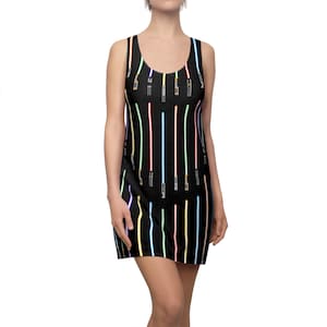 May include: A black tank dress with a colorful lightsaber pattern. The lightsabers are arranged vertically in a repeating pattern.