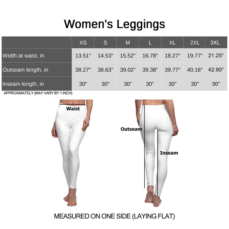 Puede incluir: Una tabla de tallas para leggings de mujer con medidas en pulgadas para la cintura, la costura exterior y la costura interior. La tabla muestra las tallas desde XS hasta 3XL.