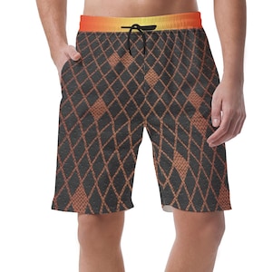 May include: Black and brown diamond-patterned shorts with a drawstring waist. The shorts have a gradient orange and yellow waistband. The shorts are knee-length and have pockets.