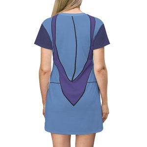 May include: A blue and purple t-shirt dress with a V-shaped design on the back.