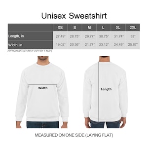 May include: A white long-sleeve sweatshirt shown from front and back views with a sizing chart. The chart lists lengths from 27.49 to 33 inches and widths from 19.02 to 25.87 inches for sizes XS to 2XL, noting measurements are approximate.