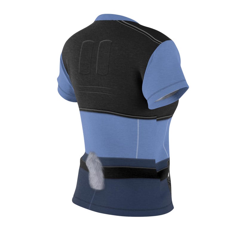 May include: A blue and black short-sleeved shirt with a unique design. The shirt features a black panel across the shoulders and upper back, with a light blue body and sleeves. A black belt-like detail wraps around the waist, and a furry white detail is on the side.