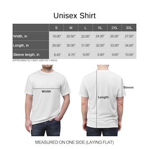 May include: Unisex t-shirt size chart with measurements in inches for width, length, and sleeve length. Sizes range from S to 3XL.