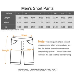 May include: Size chart for men's short pants, with measurements in inches for length, waist, and hip. The chart includes sizes S through 5XL. A diagram illustrates how to measure the shorts.