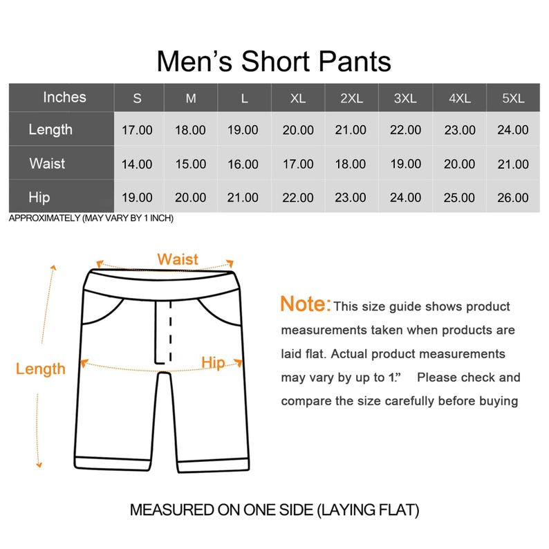May include: Size chart for men's short pants, with measurements in inches for length, waist, and hip. The chart includes sizes S through 5XL. A diagram illustrates how to measure the shorts.