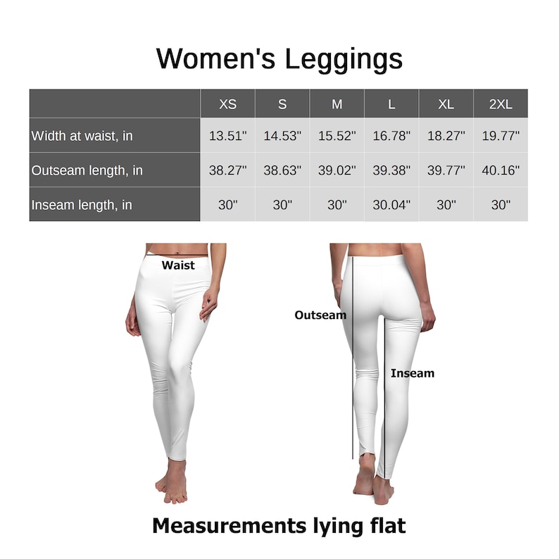 Puede incluir: Imagen que muestra leggings blancos con medidas en pulgadas. El texto "Women's Leggings" est&aacute; en la parte superior. Se proporcionan medidas de cintura, costura exterior y costura interior para las tallas XS a 2XL. La longitud de la entrepierna es de 76.2 cm.