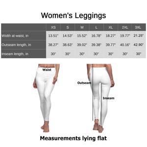 K&ouml;nnte beinhalten: Wei&szlig;e Leggings mit einer Gr&ouml;&szlig;entabelle, die Ma&szlig;e in Zoll anzeigt. Die Tabelle zeigt Taillenweite, Au&szlig;ennahtl&auml;nge und Schrittl&auml;nge f&uuml;r die Gr&ouml;&szlig;en XS bis 3XL. Der Text "Women's Leggings" steht oben.
