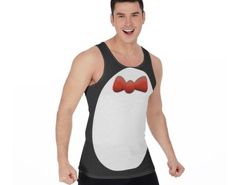 May include: A black tank top with a white penguin design and a red bow tie.