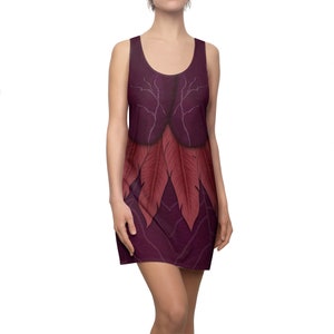 May include: A sleeveless dress with a burgundy background and a pattern of red feathers. The dress has a scoop neck and a relaxed fit.