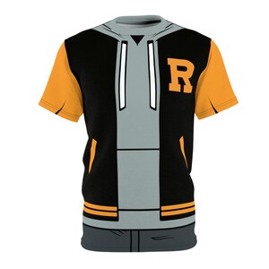 May include: A black and orange short-sleeved t-shirt with a graphic of a black and grey hoodie and jacket with a white hoodie string and the letter "R" on the chest.