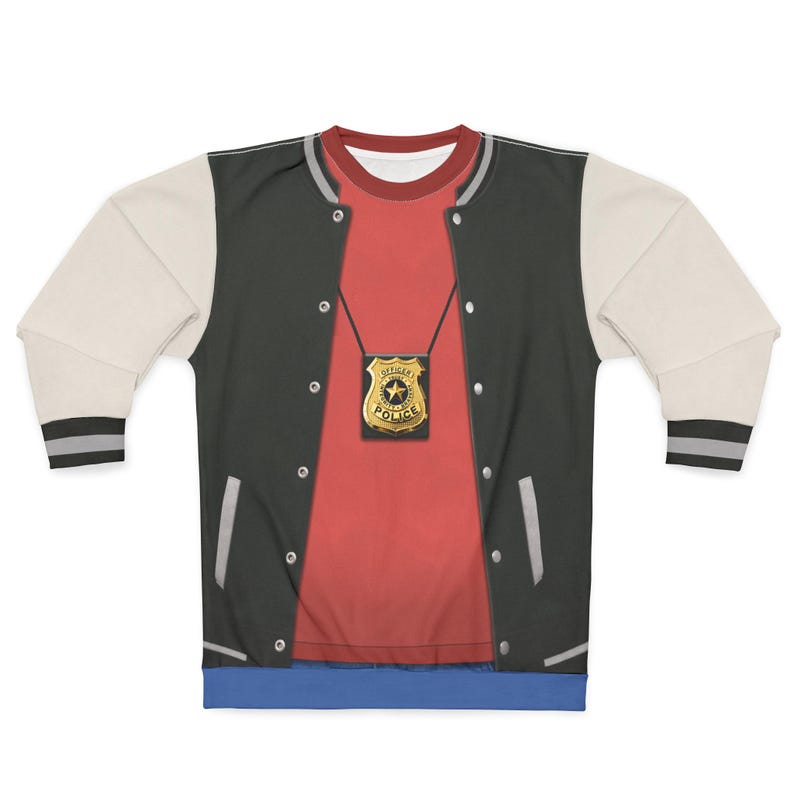 May include: A long-sleeved sweatshirt with a design that mimics a police officer's uniform. The design includes a red shirt, a black and cream-colored letterman jacket, and a gold police badge. The sleeves have black and gray striped cuffs.