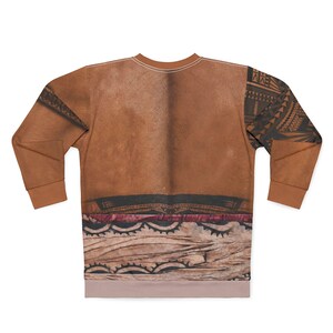 May include: A long-sleeved sweatshirt featuring a brown, textured base that mimics the appearance of leather or skin. The garment includes dark, intricate geometric patterns on the sleeves and a horizontal band across the lower torso.