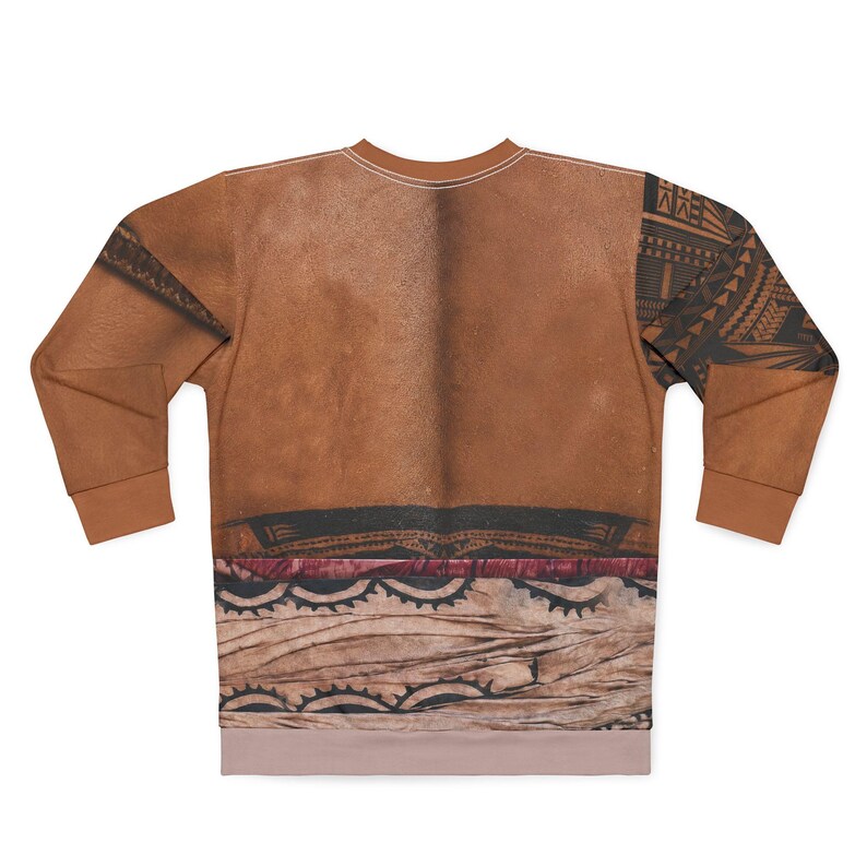 May include: A long-sleeved sweatshirt featuring a brown, textured base that mimics the appearance of leather or skin. The garment includes dark, intricate geometric patterns on the sleeves and a horizontal band across the lower torso.