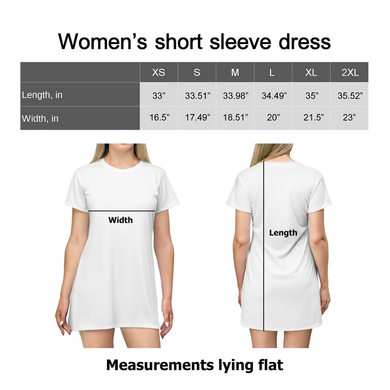 May include: White short-sleeve dress with measurements chart. The chart shows length and width in inches for sizes XS to 2XL. The dress is shown from the front and back, with length and width measurements indicated. Text on the image reads "Women's short sleeve dress."