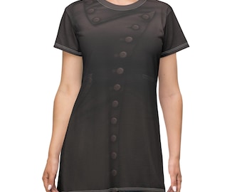 May include: A black t-shirt dress featuring a printed design of a dark coat with buttons. The dress has short sleeves and a round neckline. The design includes a double-breasted style with a row of buttons down the front.