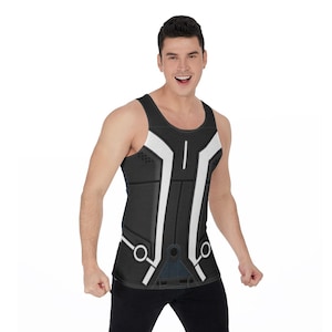 May include: Black tank top with white geometric design. The sleeveless shirt features a futuristic design with white lines and shapes on a black background. The tank top is made of a soft, comfortable material.