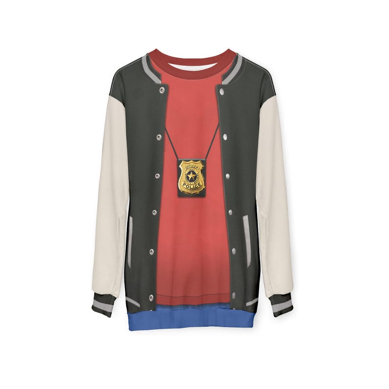 May include: A long-sleeved sweatshirt with a design that mimics a layered outfit. The design includes a red shirt, a black and white varsity jacket, and a police badge. The bottom hem is blue.