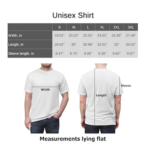 May include: Unisex t-shirt size chart showing measurements in inches for width, length, and sleeve length. Sizes range from S to 3XL.