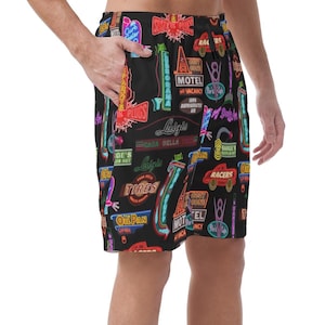 Cars Land Neon Shorts, Hawaiian Beach Shorts, Radiator Springs Racers, Lightning McQueen, Summer Easy Shorts, Elastic Waistband Shorts