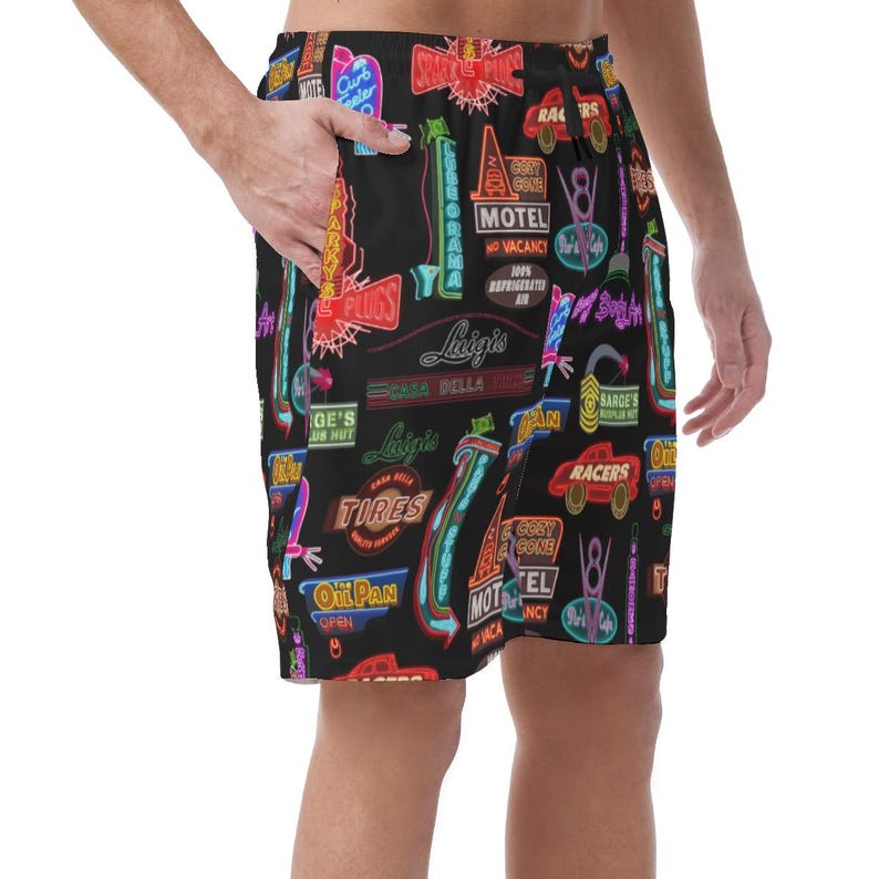 Cars Land Neon Shorts, Hawaiian Beach Shorts, Radiator Springs Racers, Lightning McQueen, Summer Easy Shorts, Elastic Waistband Shorts