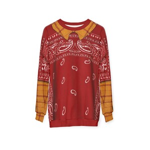 May include: A long-sleeve sweatshirt featuring a red bandana print with white paisley patterns. The garment includes a printed yellow and brown plaid collar design at the neckline and matching plaid cuffs on the sleeves, creating a layered look.