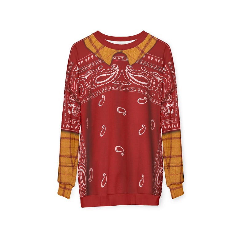 May include: A long-sleeve sweatshirt featuring a red bandana print with white paisley patterns. The garment includes a printed yellow and brown plaid collar design at the neckline and matching plaid cuffs on the sleeves, creating a layered look.