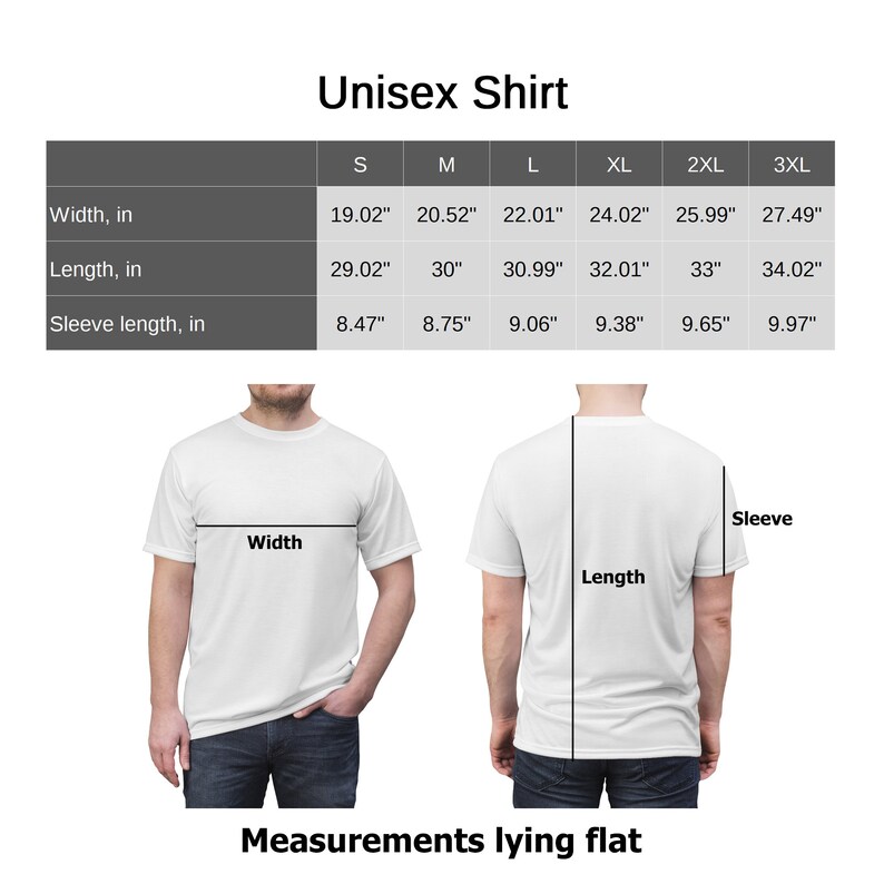 Pode incluir: Tabela de tamanhos para camiseta unissex mostrando as medidas em polegadas para largura, comprimento e comprimento da manga. Os tamanhos variam do P ao 3XL.
