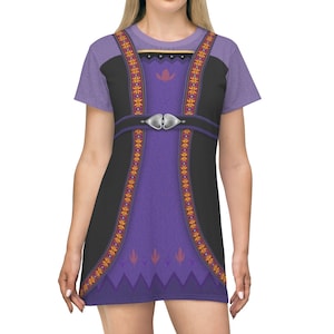 May include: A purple and black dress with a heart-shaped buckle and floral embroidery. The dress has short sleeves and a relaxed fit.