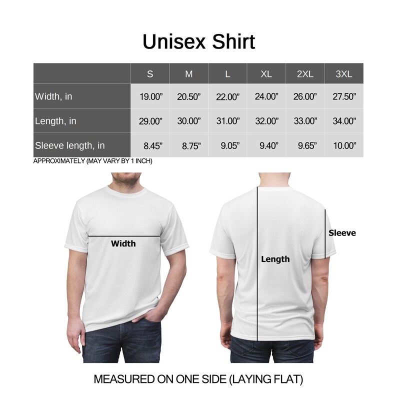 May include: Size chart for a unisex t-shirt showing measurements in inches for width, length, and sleeve length. Sizes range from S to 3XL.