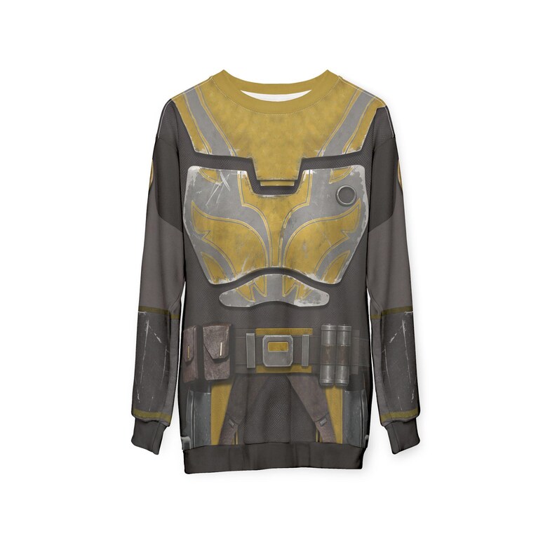 May include: A long-sleeved sweatshirt with a detailed armour design. The design uses yellow, grey, and black, with a belt and pouches. The overall aesthetic suggests a futuristic or sci-fi theme.