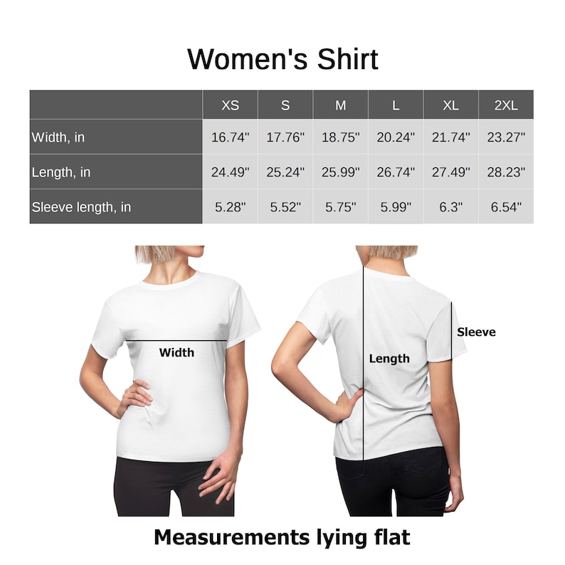 May include: Size chart for a women's shirt showing measurements in inches for width, length, and sleeve length for sizes XS, S, M, L, XL, and 2XL.