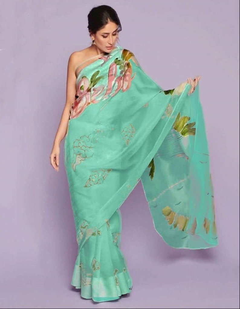 Kareena Kapoor Designer Green Bebo Printed Organza Saree