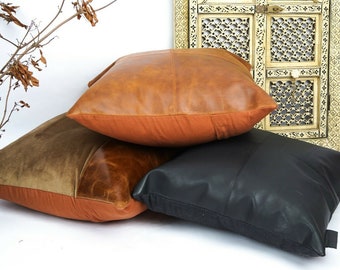Vintage Tan Leather Cushion Cover: Melbourne Leather Co, Full Grain (43x43cm)