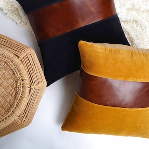 Housse de coussin vintage en cuir marron clair : velours et lin (45 x 45 cm) Cadeau pour elle, lui, anniversaire, anniversaire