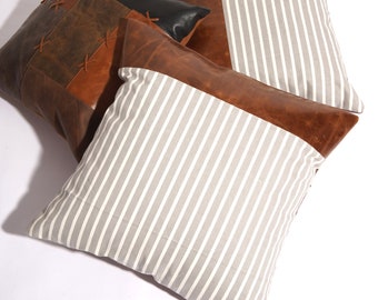 Housse de coussin vintage en cuir marron clair : coussin décoratif en cuir de vachette (50 x 50 cm) Cadeau pour elle, lui, anniversaire, anniversaire