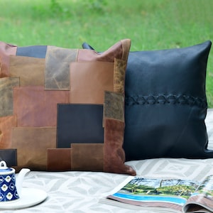 Melbourne Leather Co Genuine Leather Patchwork Cushion Cover Pillow Cover Leather Pillow Leather Cushion Vintage Leather Tan Pillow Cover