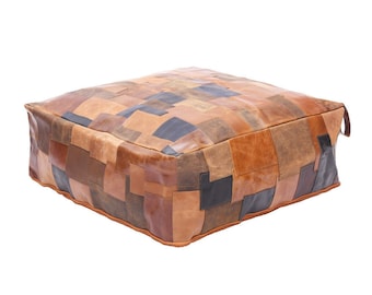 Square Leather Patchwork Ottoman Pouf: Moroccan Floor Cushion Cover