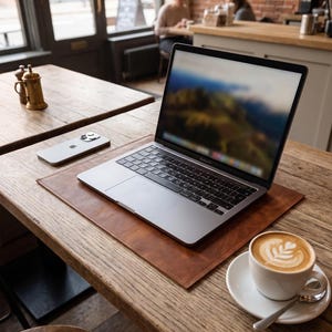 May include: A laptop computer rests on a brown leather desk mat on a wooden table. A white coffee cup with latte art and a silver spoon are on a saucer to the right. A silver smartphone and a brass container are also on the table.