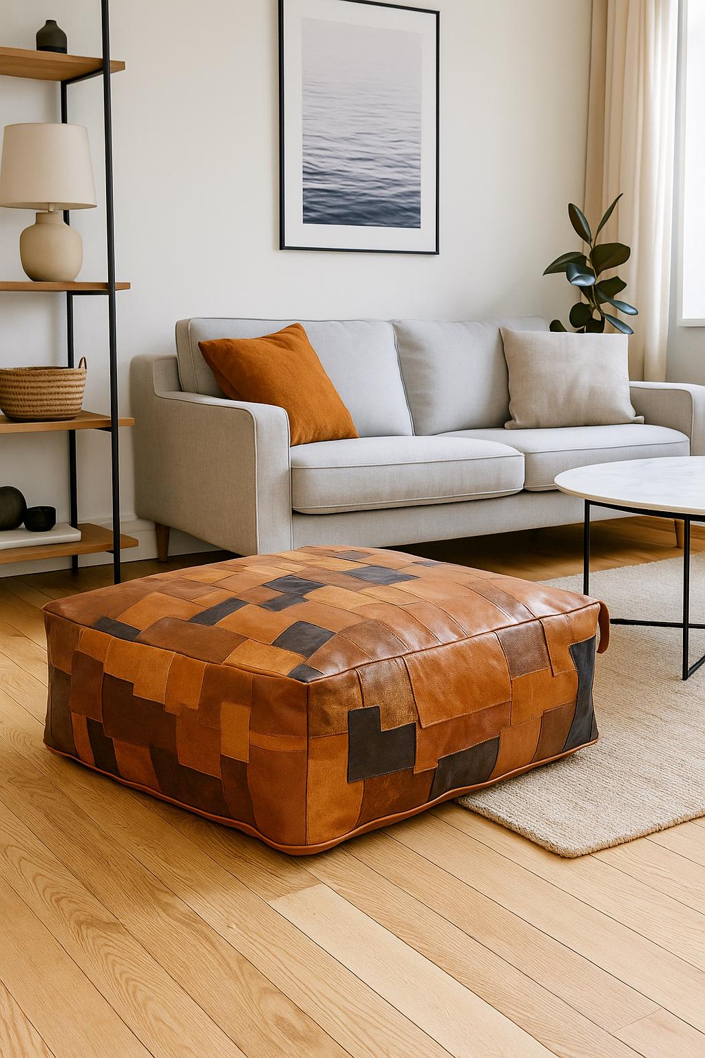 モロッコタンレザープーフオットマン：手縫いパッチワークフロア