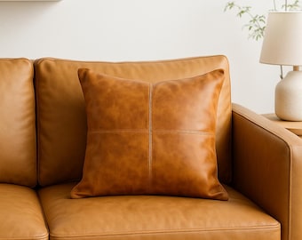 Vintage Tan Leather Cushion Cover: Handmade Full Grain Cowhide Pillow Gift For Her Him Birthday Anniversary