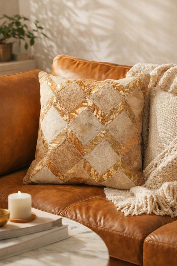 Gold Karo Rindsleder Kissenbezug | Geometrische Patchwork Fell Kissen | Luxus Wohnkultur Akzent