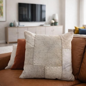 Studded Cowhide Leather Patchwork Cushion Cover 40x40cm | Rustic Luxury Throw Pillow