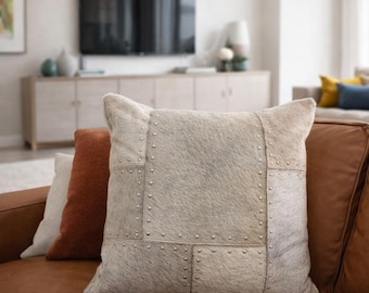 Studded Cowhide Leather Patchwork Cushion Cover 40x40cm | Rustic Luxury Throw Pillow