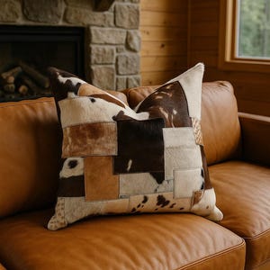 May include: A decorative square pillow with a patchwork design made of various shades of brown and white cowhide. The pillow is placed on a brown leather sofa in a cozy living room setting.