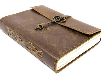 May include: A brown leather journal with a key-shaped closure. The journal has a distressed look and is closed.