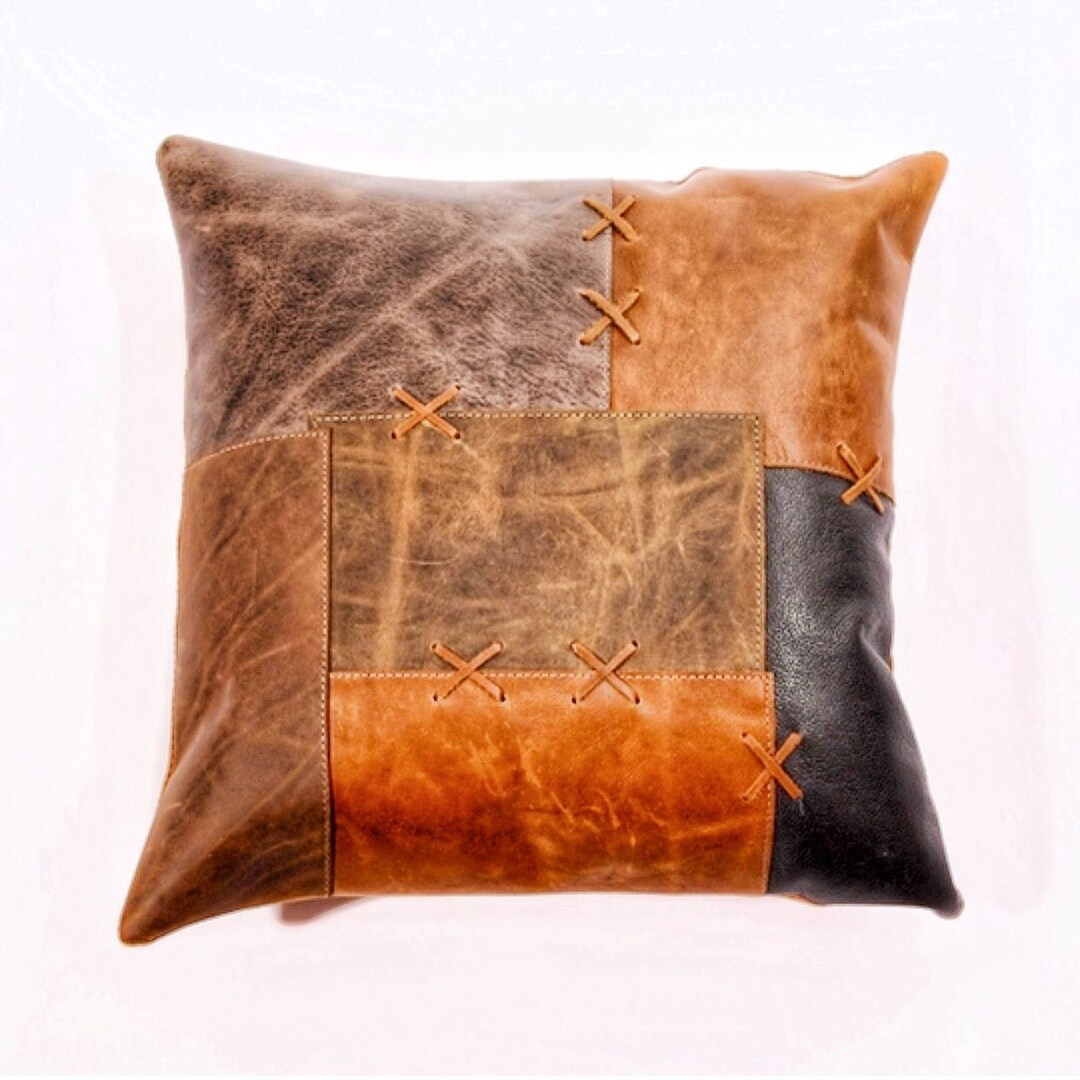 Genuine Leather Cushion Tan Leather Cushion Patchwork Cushion Gift