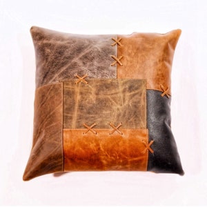 Genuine Leather Cushion Tan Leather Cushion Patchwork Cushion Gift Decorative Pillow Gift for Her Handmade 45*45cm